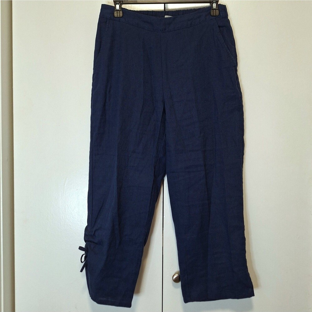 HABITAT Womens Size Small navy blue linen cotton blend cinched hem capri
